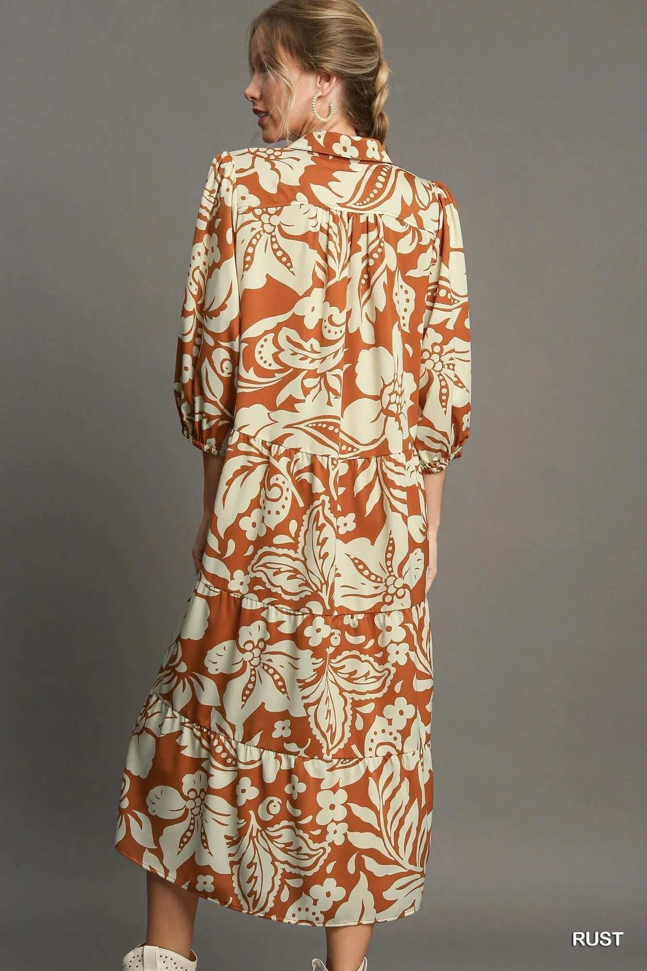 Umgee Full Size Floral Tiered Midi Shirt Dress Plus Size - Trendsi - Flyclothing LLC