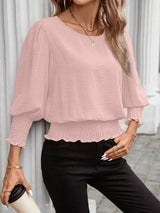 Smocked Waist Round Neck Blouse - Trendsi - Flyclothing LLC
