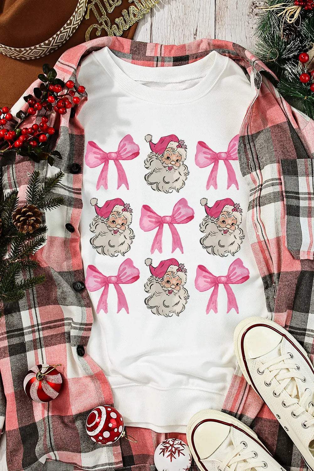 Santa & Bow Graphic Long Sleeve Sweatshirt - Trendsi - Flyclothing LLC