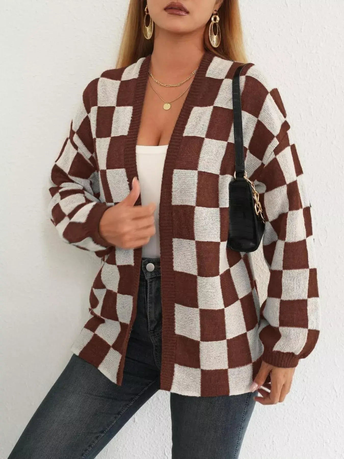 Checkerboard Pattern Open Front Knit Cardigan - Trendsi - Flyclothing LLC