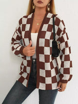 Checkerboard Pattern Open Front Knit Cardigan - Trendsi - Flyclothing LLC
