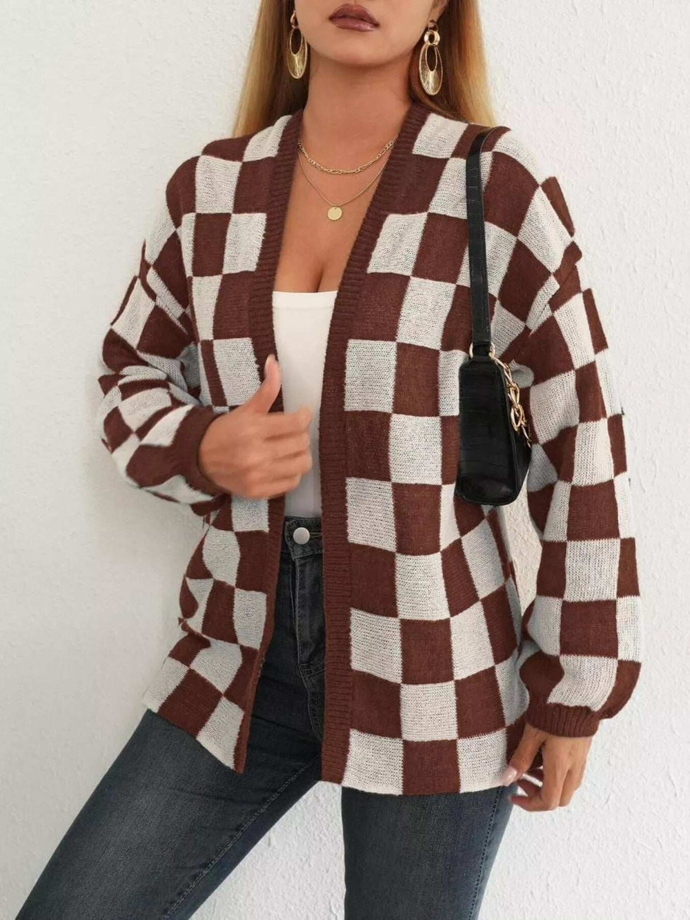Checkerboard Pattern Open Front Knit Cardigan - Trendsi - Flyclothing LLC