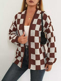 Checkerboard Pattern Open Front Knit Cardigan - Trendsi - Flyclothing LLC