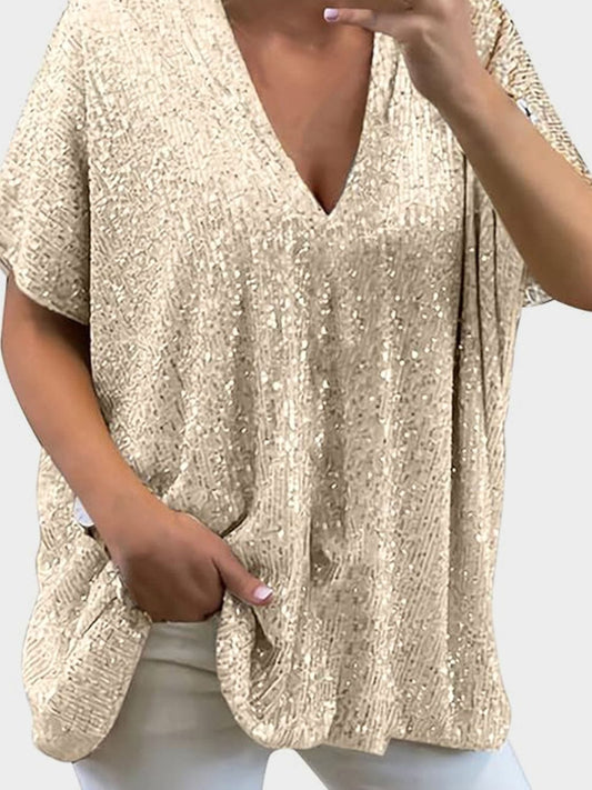 Full Size Sequin V-Neck Short Sleeve Top - Trendsi