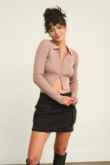 HYFVE Ribbed Double Zip Cropped Cardigan - Trendsi - Flyclothing LLC