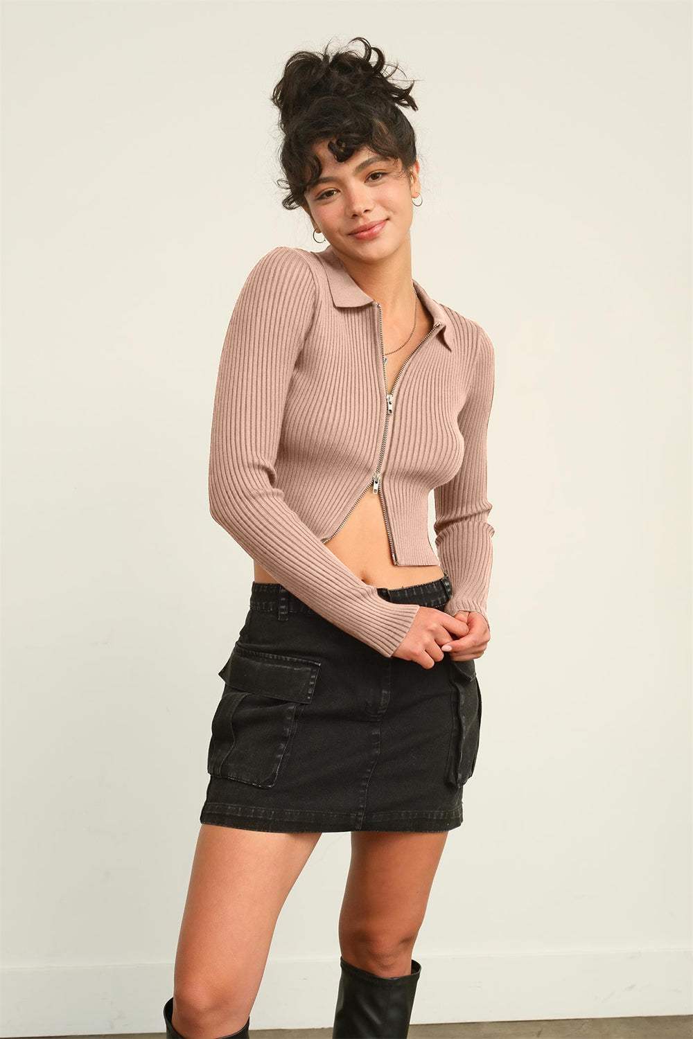 HYFVE Ribbed Double Zip Cropped Cardigan - Trendsi - Flyclothing LLC