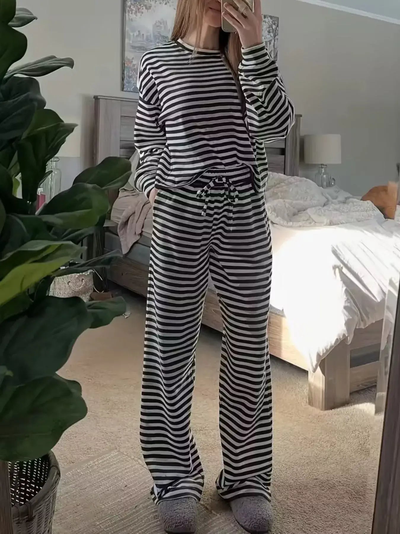 Striped Round Neck Top and Pants Set - Trendsi - Flyclothing LLC