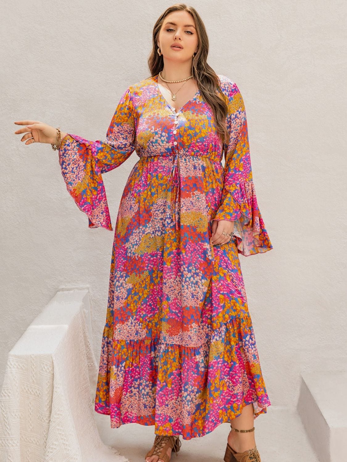 Plus Size Printed V-Neck Long Sleeve Maxi Dress - Trendsi