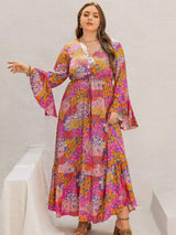 Plus Size Printed V-Neck Long Sleeve Maxi Dress - Trendsi - Flyclothing LLC