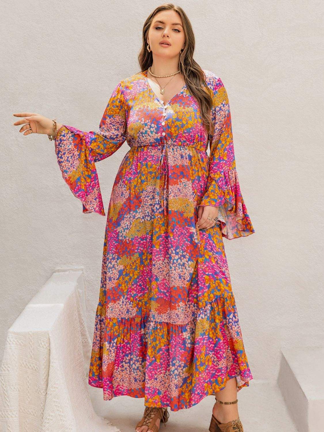 Plus Size Printed V-Neck Long Sleeve Maxi Dress - Trendsi - Flyclothing LLC