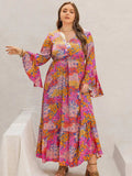 Plus Size Printed V-Neck Long Sleeve Maxi Dress - Trendsi - Flyclothing LLC