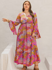 Plus Size Printed V-Neck Long Sleeve Maxi Dress - Trendsi