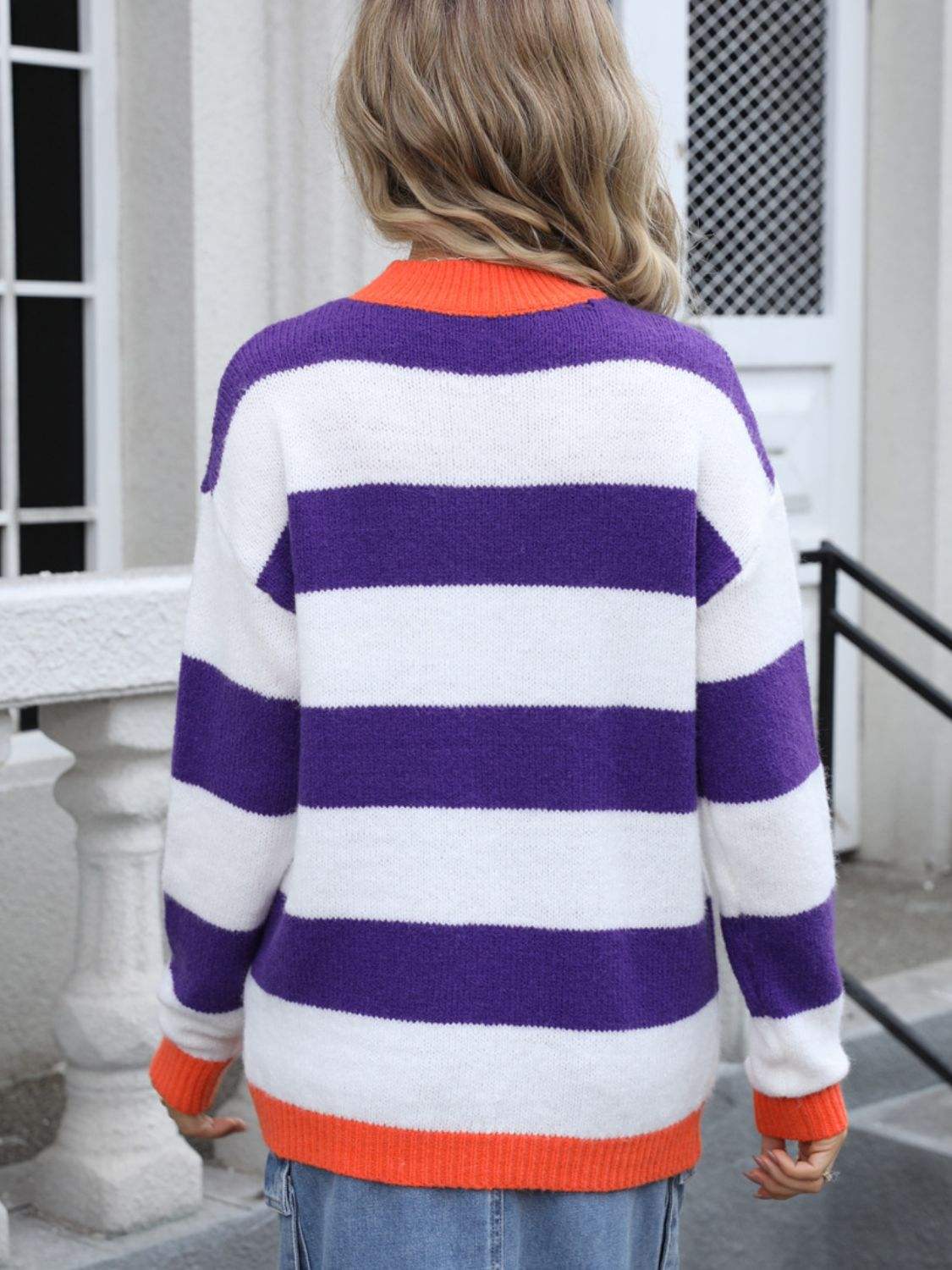 Contrast Striped Round Neck Sweater - Trendsi - Flyclothing LLC