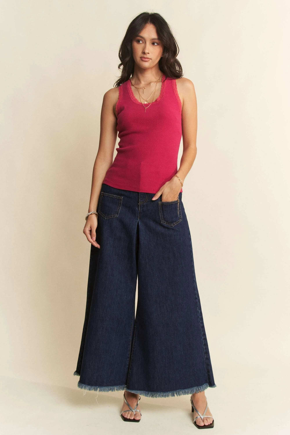 Davi & Dani Patch Pocket Wide Leg Culotte Jeans - Trendsi - Flyclothing LLC