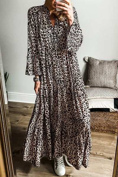 Leopard Notched Long Sleeve Maxi Dress - Trendsi - Flyclothing LLC