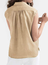 Button Up Collared Neck Cap Sleeve Shirt - Trendsi - Flyclothing LLC