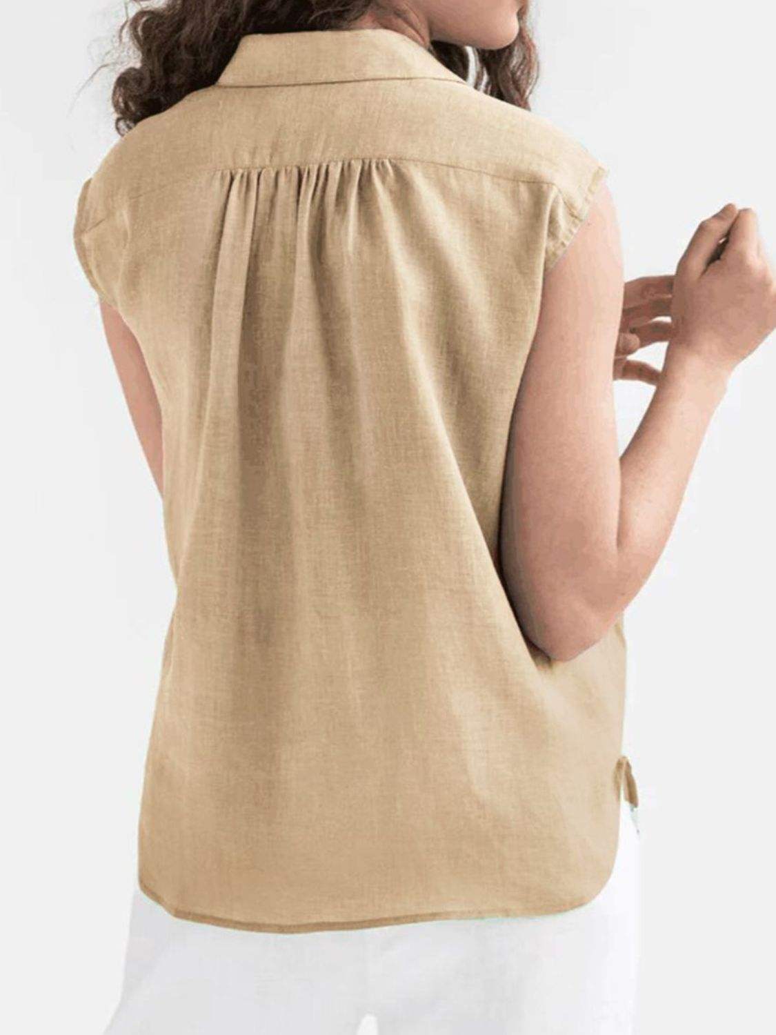 Button Up Collared Neck Cap Sleeve Shirt - Trendsi - Flyclothing LLC