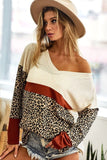 BiBi Waffle Knit Leopard Color Block V-Neck Top - Trendsi