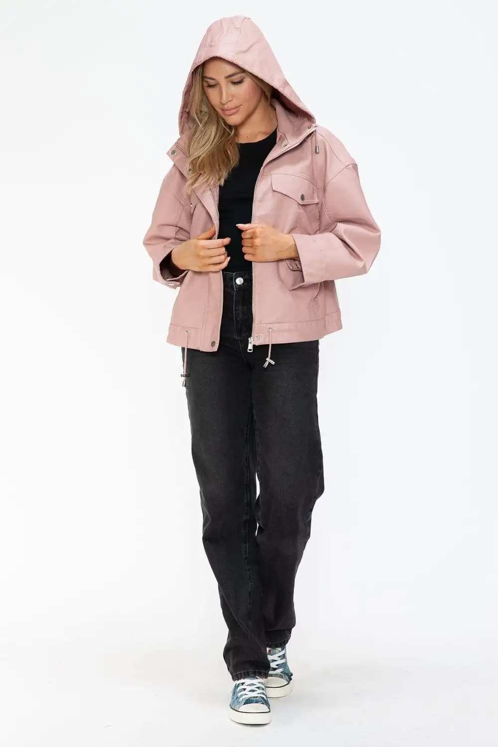 How Dare U Drawstring Hem PU Leather Zip Up Jacket - Trendsi - Flyclothing LLC