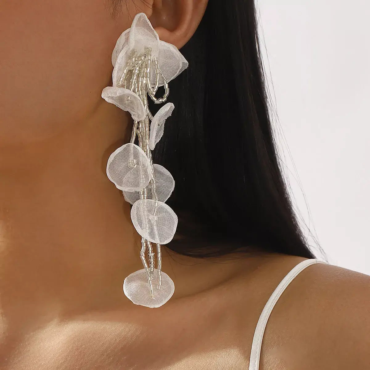 Floral Petal Beaded Tassel Drop Earrings - Trendsi - Flyclothing LLC