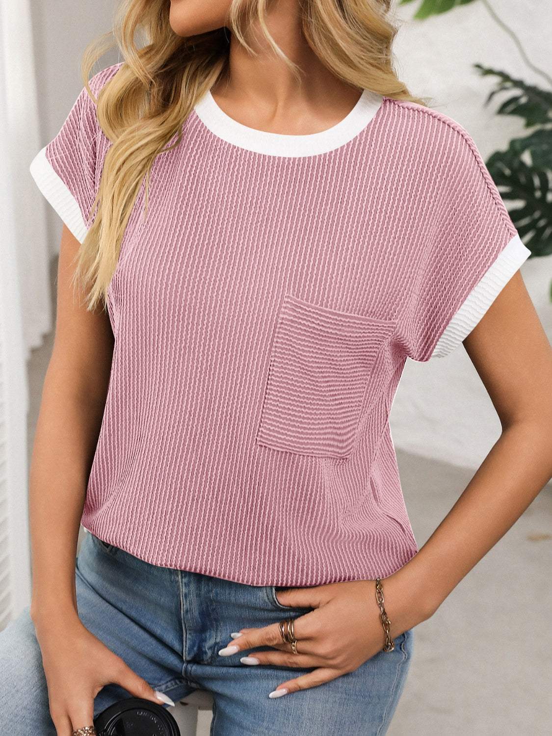 Contrast Trim Round Neck Short Sleeve T-Shirt - Trendsi - Flyclothing LLC