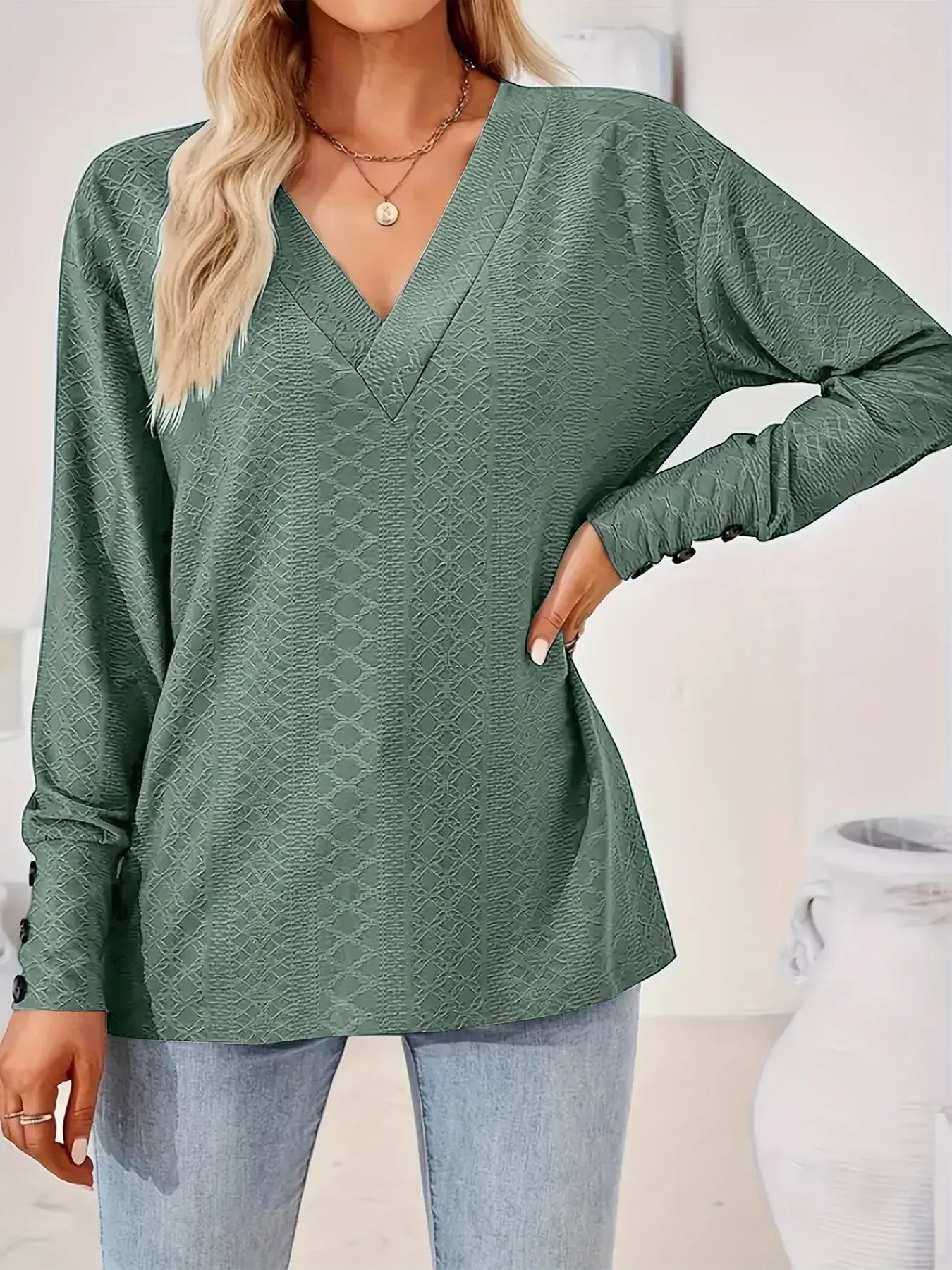 Plus Size V-Neck Textured Long Sleeve T-Shirt - Trendsi - Flyclothing LLC