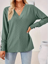 Plus Size V-Neck Textured Long Sleeve T-Shirt - Trendsi - Flyclothing LLC