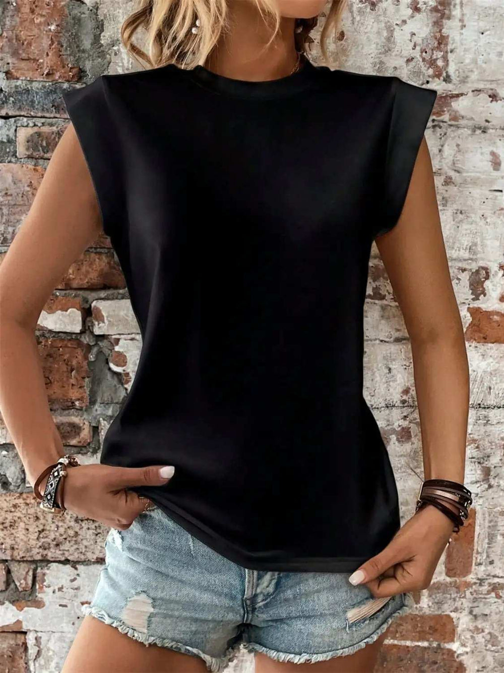 Round Neck Cap Sleeve Blouse - Trendsi - Flyclothing LLC