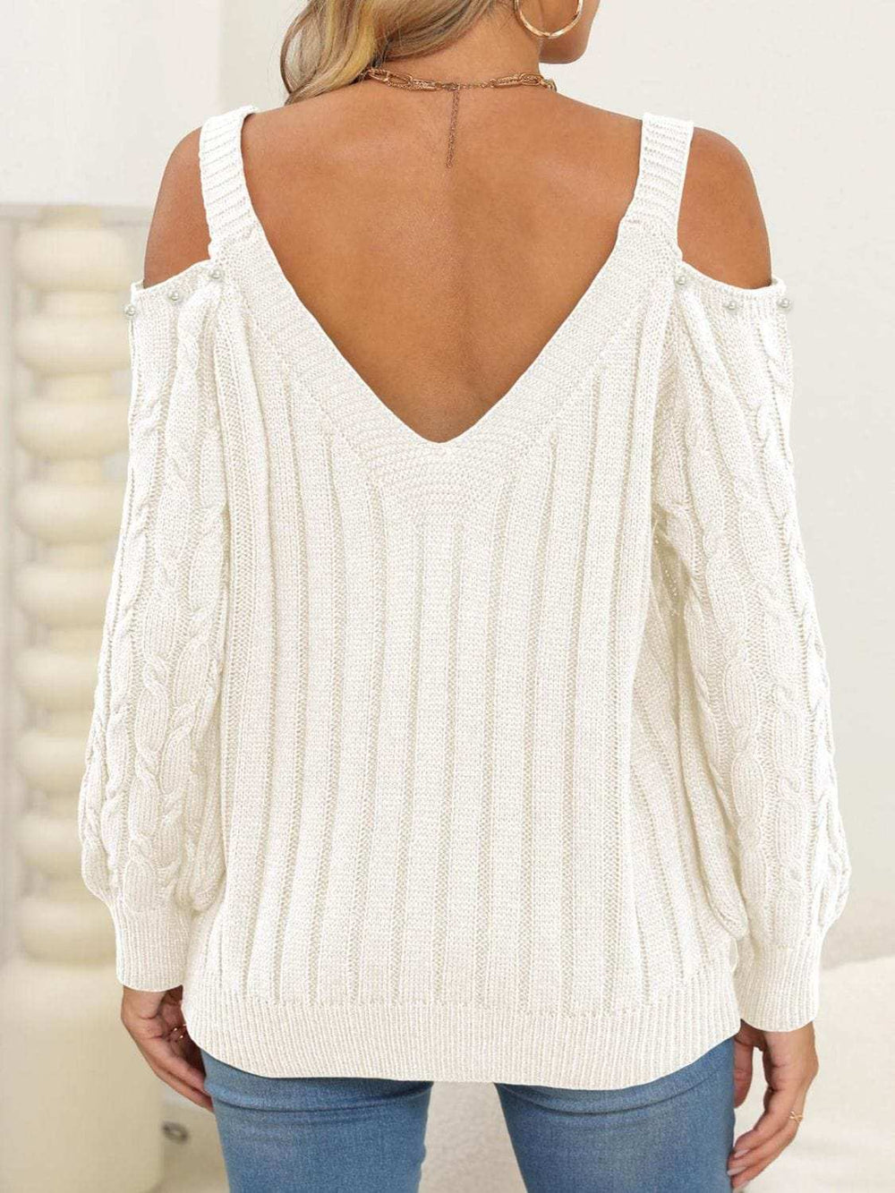 Cable-Knit Cold Shoulder Sweater - Trendsi - Flyclothing LLC