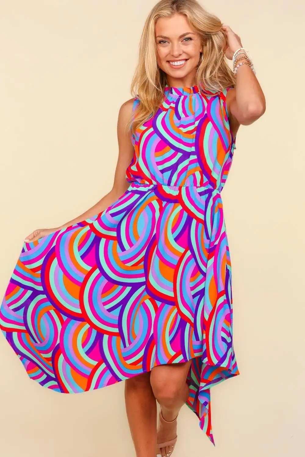 Haptics Full Size Mock Neck Sleeveless Printed Dress - Trendsi - Flyclothing LLC
