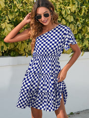 Checkered Single Shoulder Mini Dress - Trendsi