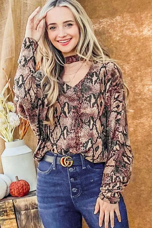 And The Why Choker Neck Dolman Sleeve Snake Print Top - Trendsi - Flyclothing LLC