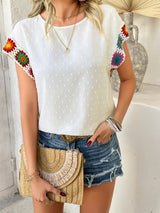 Devine Swiss Dot Round Neck Crochet Short Sleeve Top - Trendsi - Flyclothing LLC