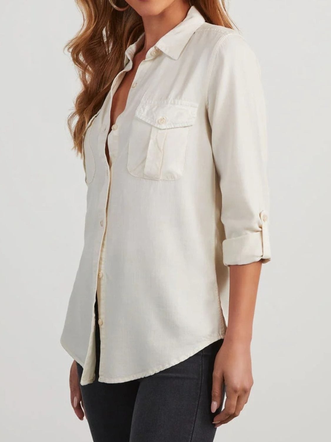 Collared Neck Roll-Tab Sleeve Denim Top - Trendsi