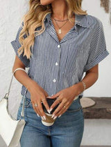 Mandy Pocketed Striped Collared Neck Short Sleeve Shirt - Trendsi - Flyclothing LLC