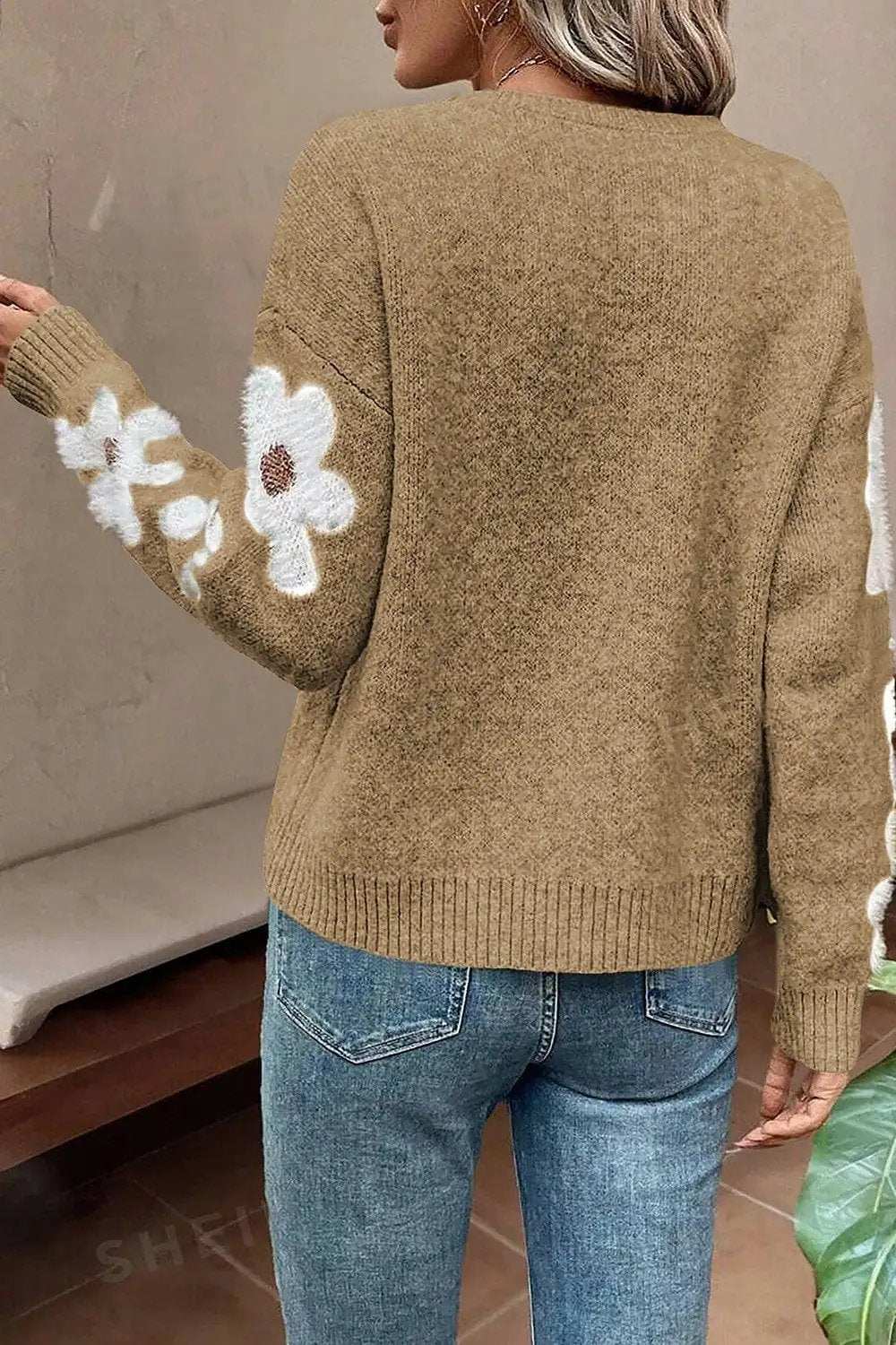 Flower Round Neck Long Sleeve Sweater - Trendsi - Flyclothing LLC