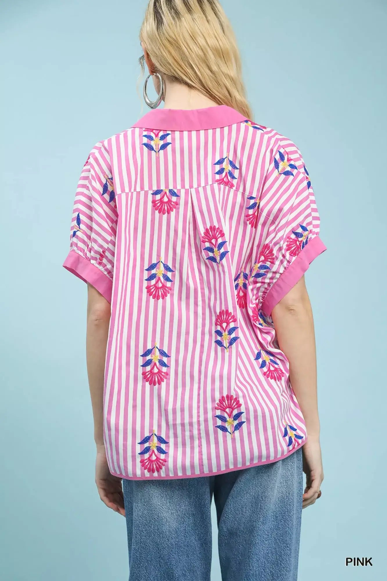 Umgee Stripe Embroidered Button-Front Boho Blouse - Trendsi - Flyclothing LLC