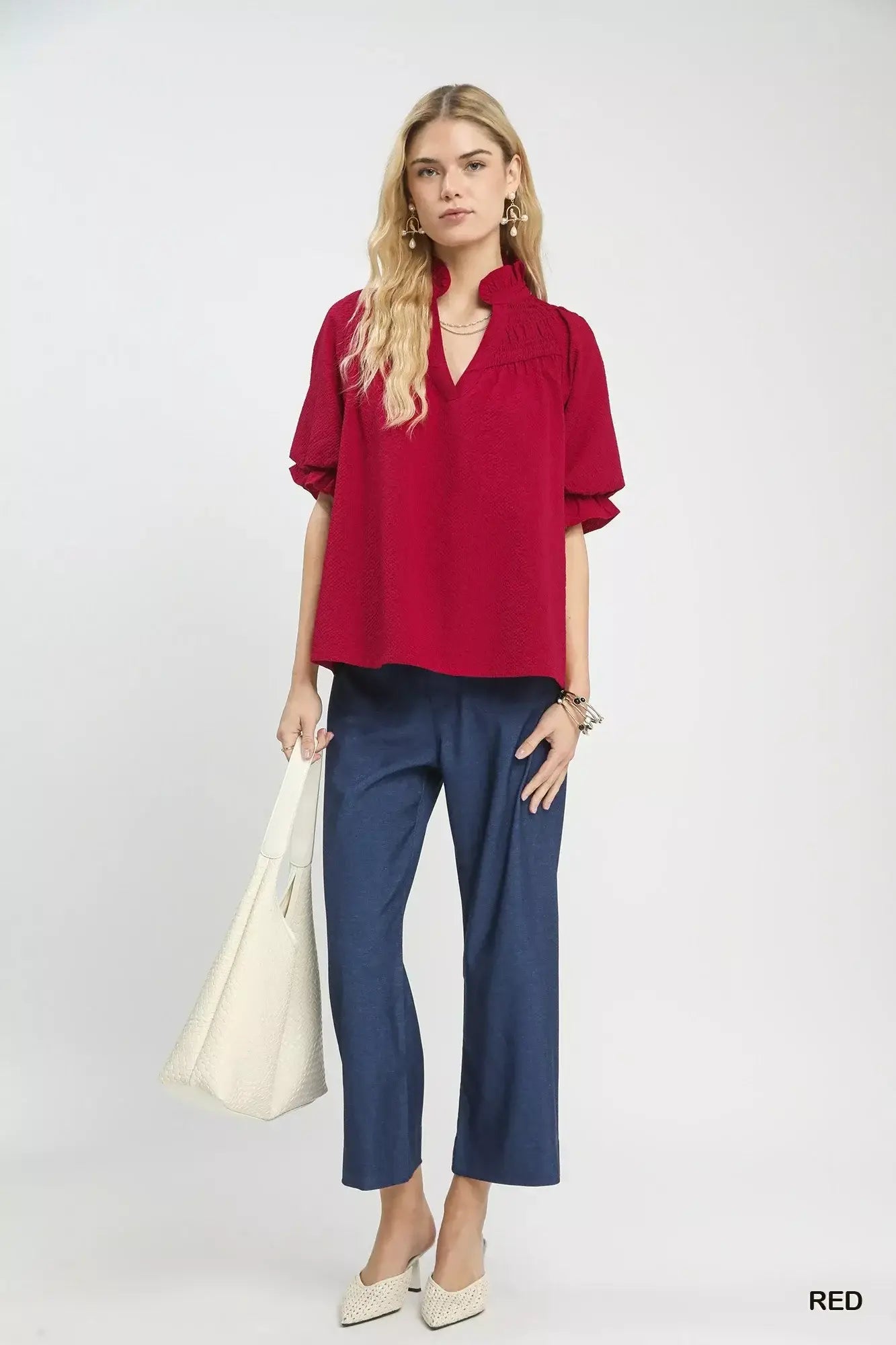 Umgee Textured Smocked Yoke Split-Neck Top - Trendsi - Flyclothing LLC