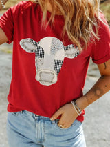 Western Patchwork Cow Print Round Neck Casual T Shirt - Trendsi - Flyclothing LLC