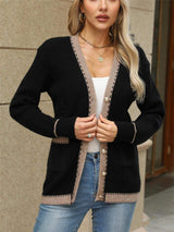 Contrast Trim Button Up Long Sleeve Cardigan - Trendsi - Flyclothing LLC