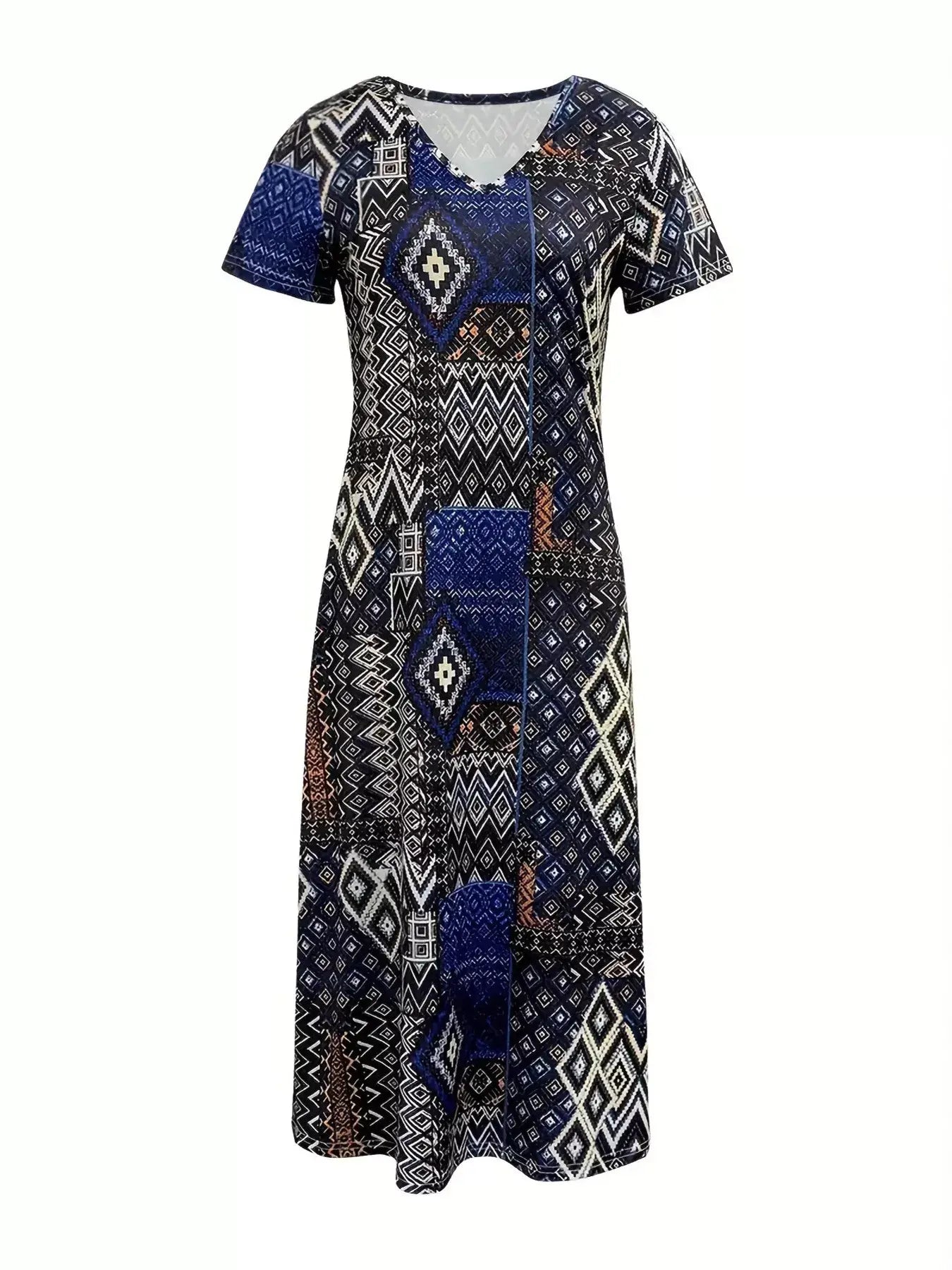 Plus Size Geometric Print V-Neck Short Sleeve Dress - Trendsi - Flyclothing LLC