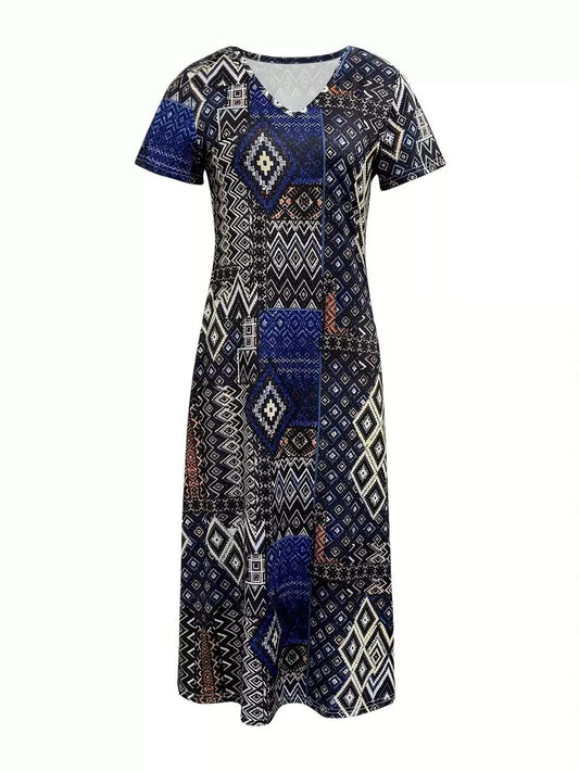 Plus Size Geometric Print V-Neck Short Sleeve Dress - Trendsi - Flyclothing LLC