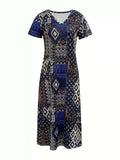 Plus Size Geometric Print V-Neck Short Sleeve Dress - Trendsi - Flyclothing LLC