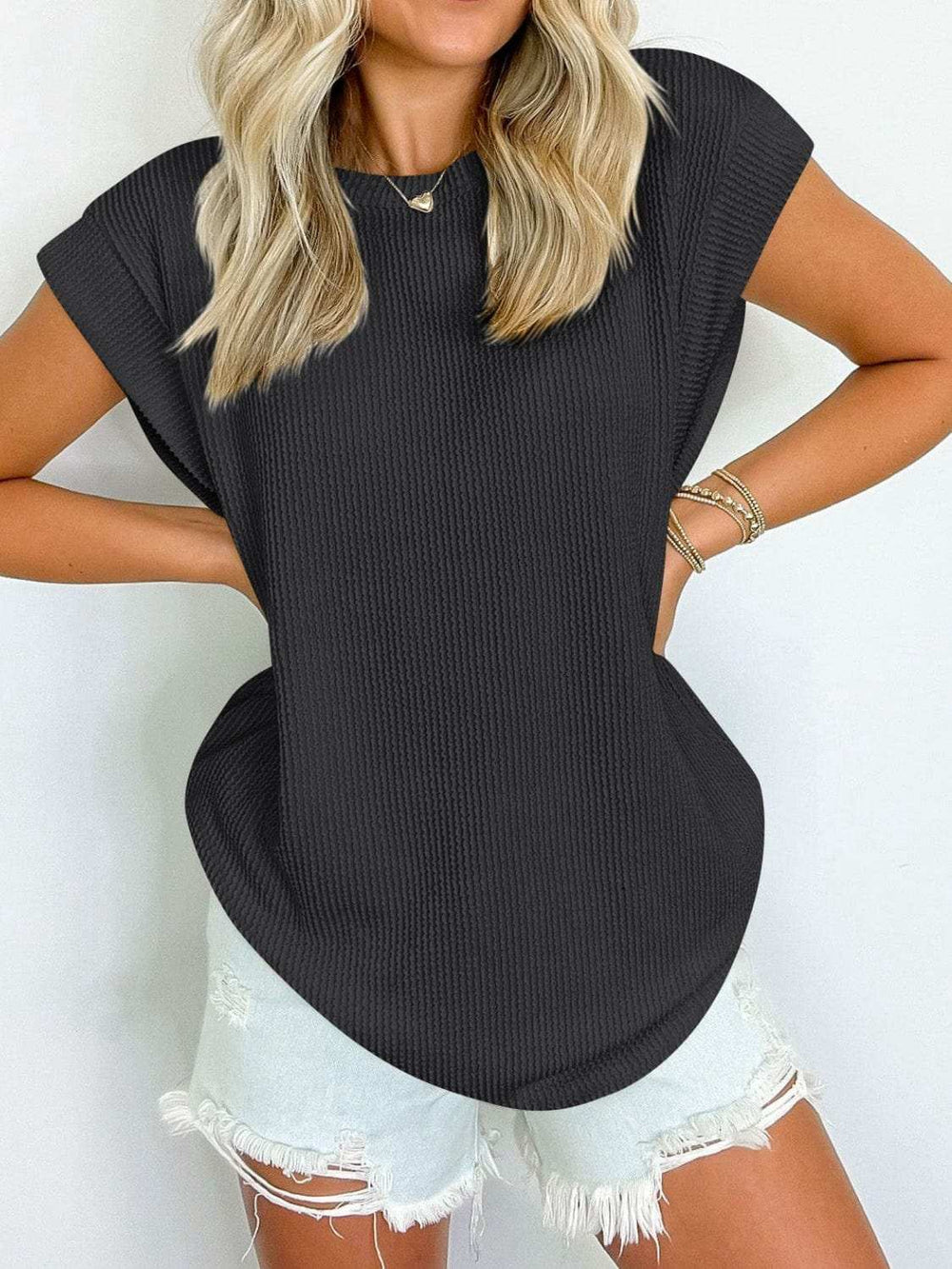 Textured Round Neck Cap Sleeve Blouse - Trendsi - Flyclothing LLC