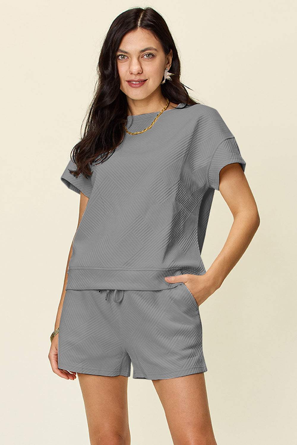 Double Take Full Size Texture Short Sleeve T-Shirt and Drawstring Shorts Set - Trendsi - Flyclothing LLC