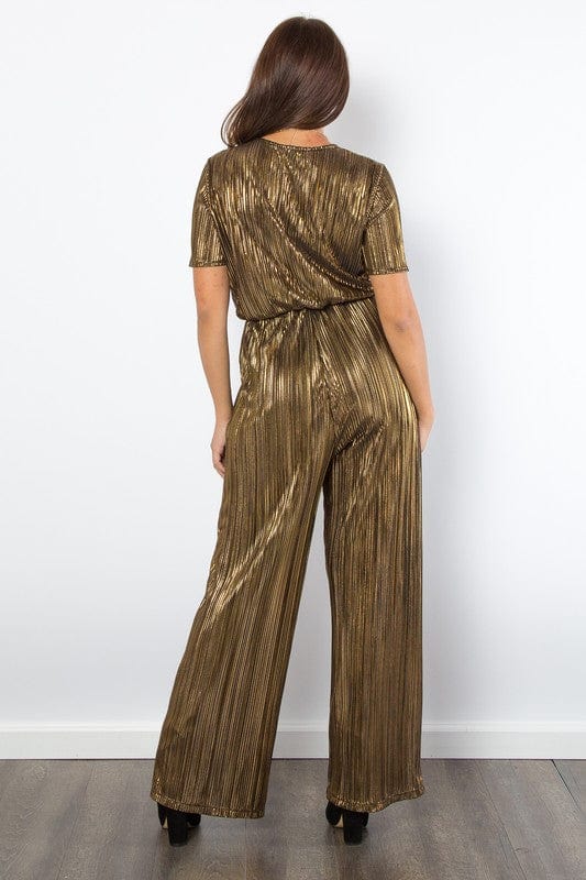 Be Stage Surplice Short Sleeve Pleated Foil Jumpsuit - Trendsi