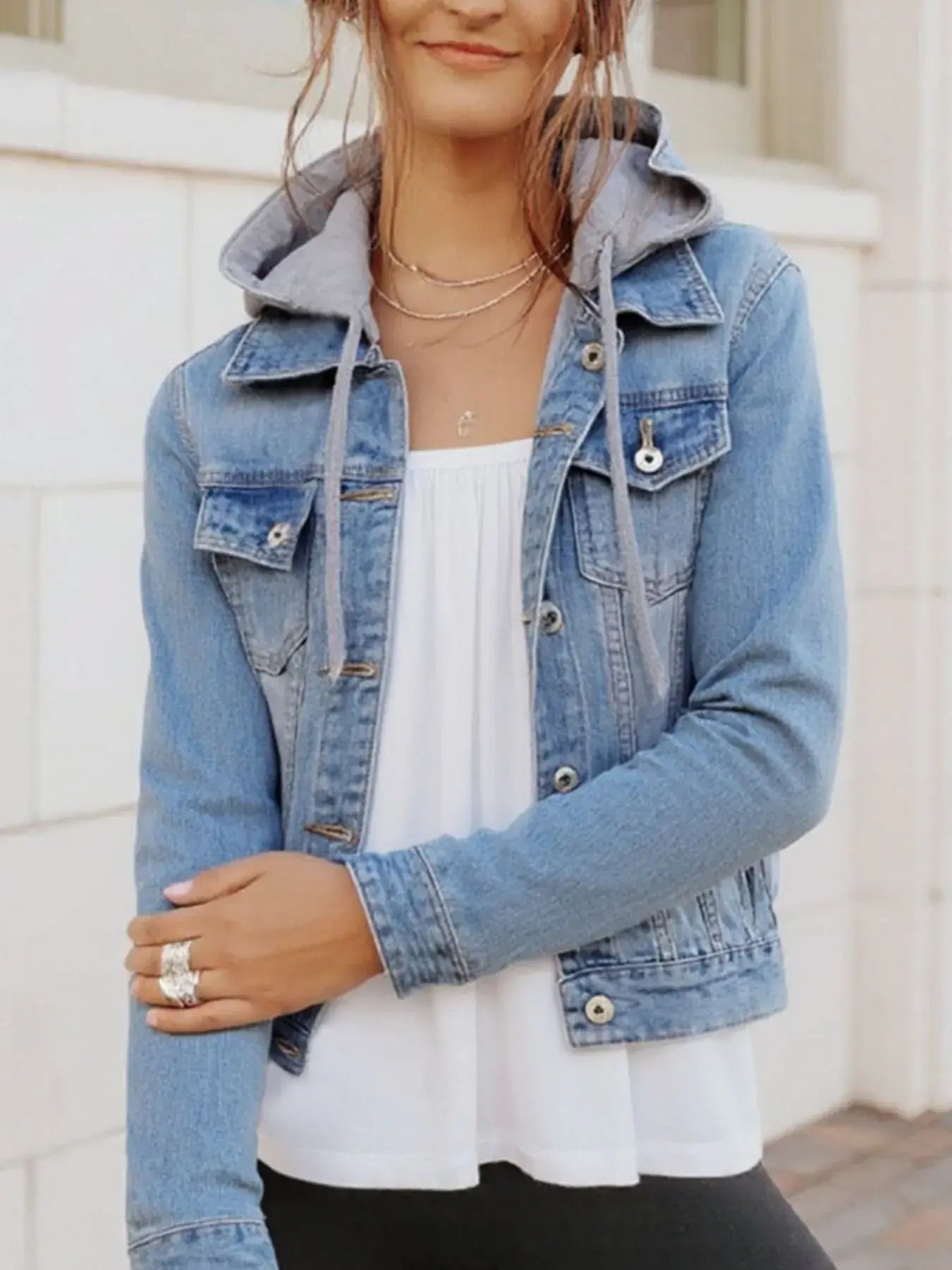Full Size Button Up Drawstring Hooded Denim Jacket Plus Size - Trendsi - Flyclothing LLC