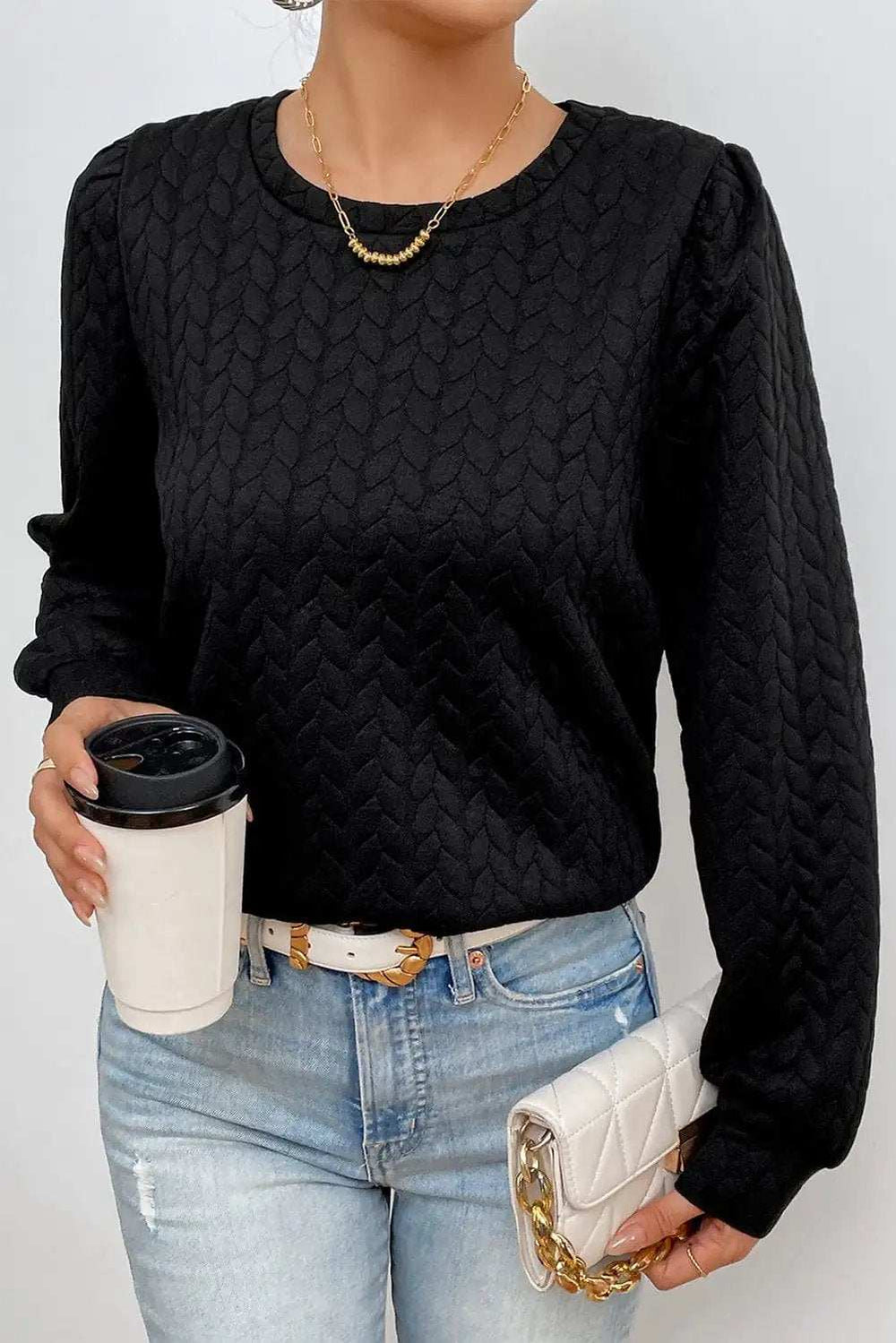 Texture Round Neck Long Sleeve Sweatshirt - Trendsi - Flyclothing LLC