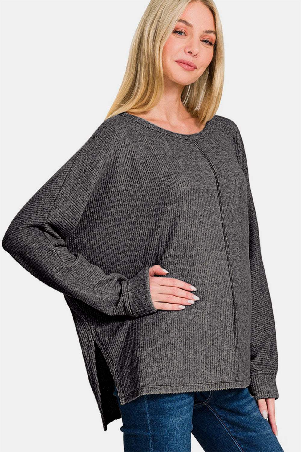 Zenana High-Low Side Slit Round Neck T-Shirt - Trendsi - Flyclothing LLC