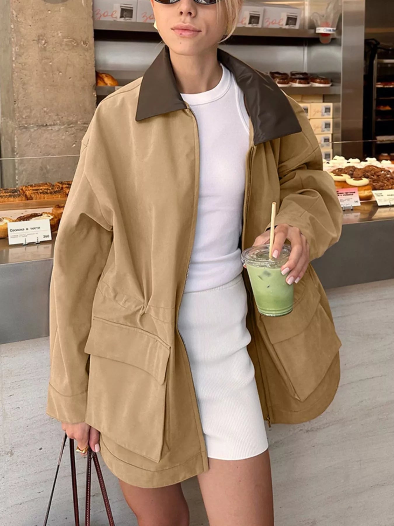 Oversized Contrast Collar Jacket with Drawstring Waist - Trendsi - Flyclothing LLC